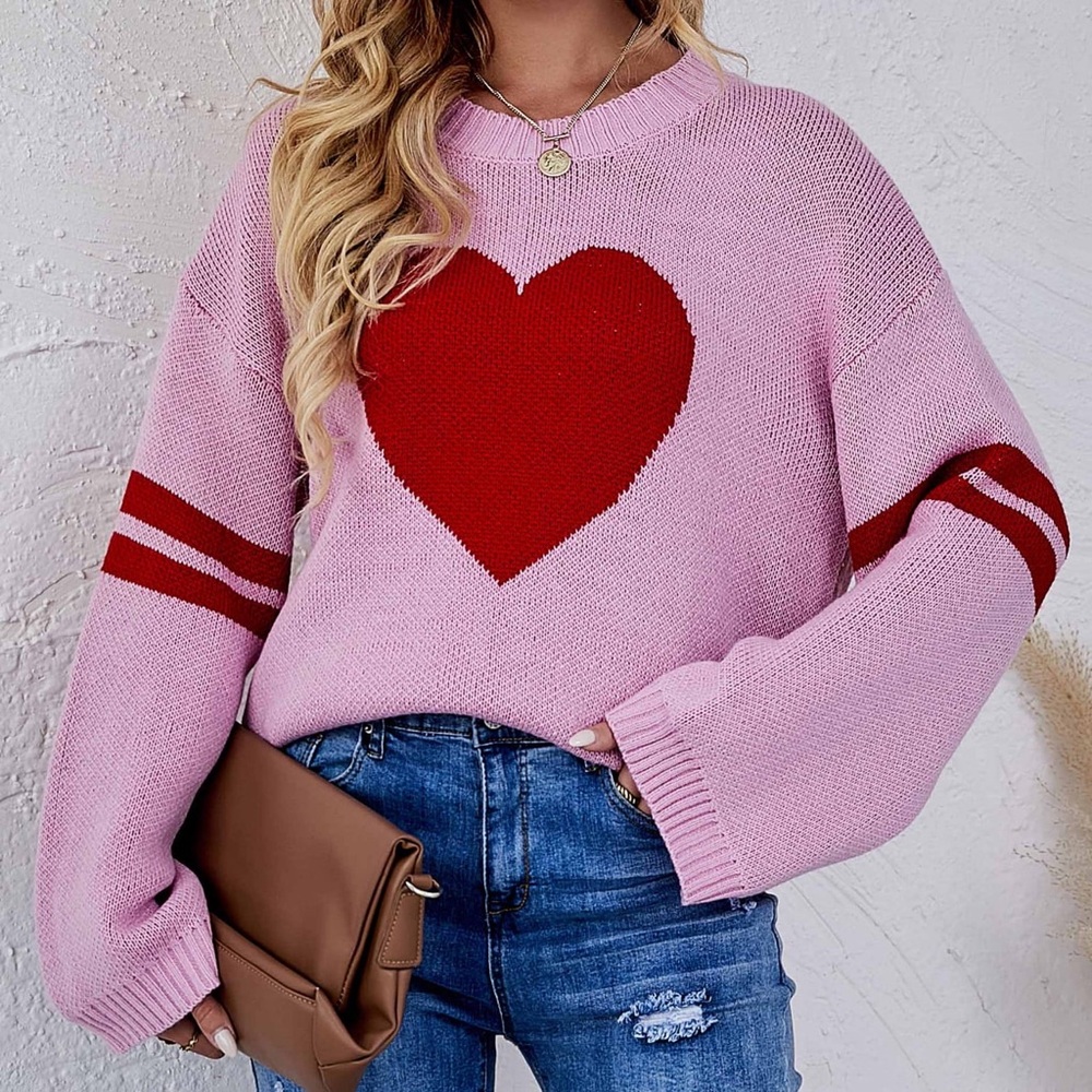 XL: Pink/Red Oversized “Heart” Crewneck Knit Sweater- Bell Sleeves, Relaxed Fit